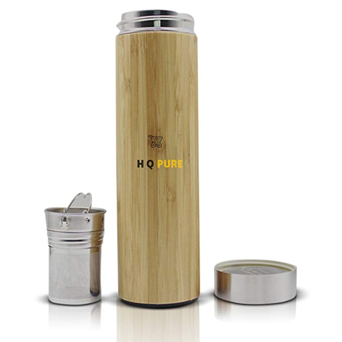 Hqpure Bamboo Tumbler with Tea Infuser and Strainer – Insulated Stainless Steel Travel Mug – Non-Toxic, BPA-Free – Vacuum Insulation Technology – Detachable Tea Infuser – Original Gift Idea