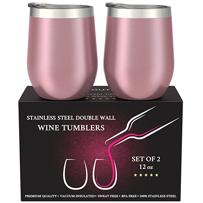 CHILLOUT LIFE Stainless Steel Stemless Wine Glass Tumbler 2 Pack Rose Gold 12 oz | Double Wall Vacuum Insulated Wine Tumbler with Lids Set of Two for Coffee, Wine, Cocktails, Ice Cream