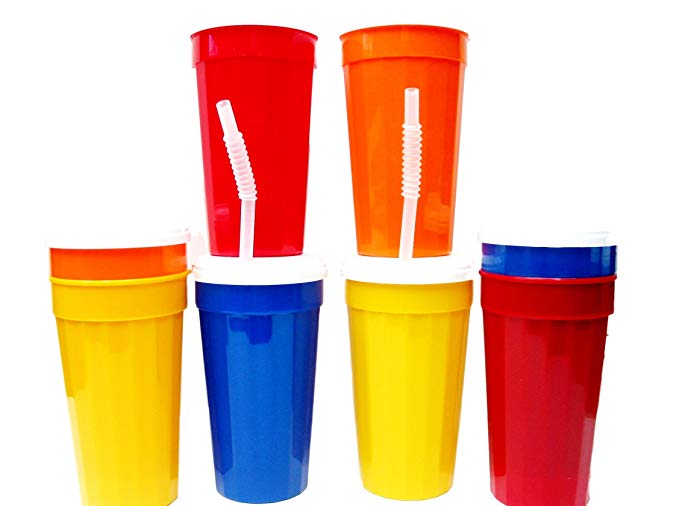 Talisman, Plastic Fluted Tumblers, Lids & Straws, 32 Ounces, 8 Pack, Mix Red, Blue, Yellow & Orange