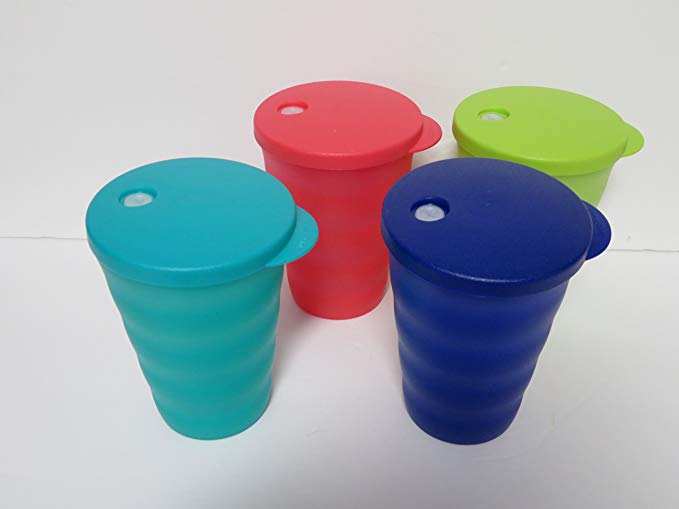 Tupperware 11oz Impressions Tumblers & Straw Seals Set of 4 Summer Colors New