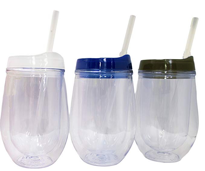 Bev2Go 10oz Stemless Wine Tumbler with Straw 3 Pack (Clear, Blue, Smoke)