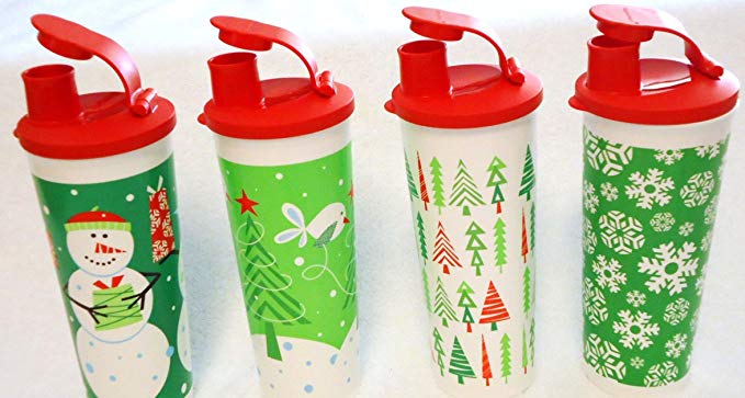 Tupperware 2013 4pc Holiday 16oz Tumbler Set with Flip Tops Reds Greens