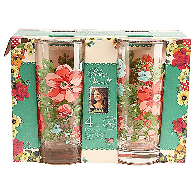 Pioneer Woman Vintge Floral 16 oz.Glass Cooler set Drinking Glasses Cups Tumbler.