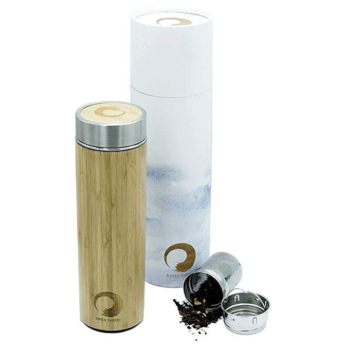 Betta Bottle All Natural Bamboo and Food Grade Stainless Steel Insulated Tea Tumbler & Fruit Infuser With Strainer Travel Mug