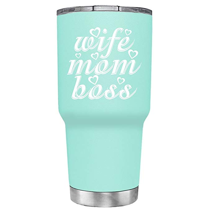 Wife Mom Boss on Seafoam 30 oz Stainless Steel Tumbler with Lid - Insulated Cup - Travel Mug - Mother Gift