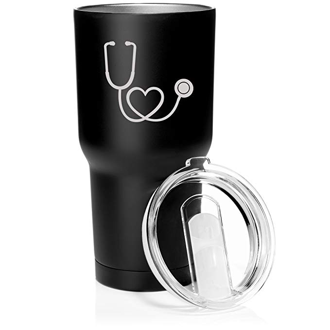 30 oz. Tumbler Stainless Steel Vacuum Insulated Travel Mug Heart Stethoscope Nurse Doctor (Matte Black)