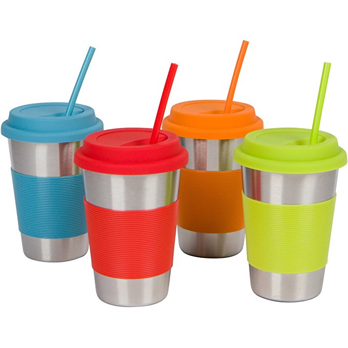 To-Go Stainless Steel Cups with Silicone Lids, Sleeves and Straws, 16 oz (1 Pint) Stainless Steel Tumblers by Steelware (Set of 4)