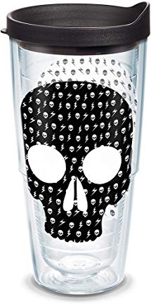 Tervis 1140797 Black and White Skulls Insulated Tumbler with Wrap and Black Lid 24oz, Clear