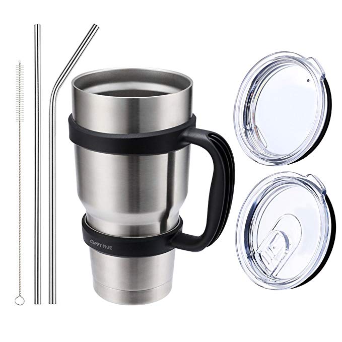 Comfy Mee Vacuum Insulated Stainless Steel 30OZ Tumbler Set of 7 Items: 1 Tumbler, 2 Straws , 1 Strawer Cleaner brush , 1 Regular Lid, 1 Spill & Splash Resistant Lid (Tumbler with black handle)