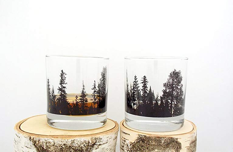 Whiskey Glasses - Forest Landscape - Set of Two 11oz. Tumblers