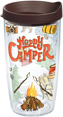 Tervis 1218220 Happy Camper Tumbler with Wrap and Brown Lid 16oz, Clear