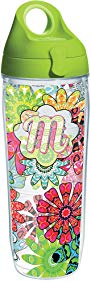 Tervis 1270670 INITIAL-M Flower Burst Tumbler with Wrap and Lime Green Lid 24oz Water Bottle, Clear