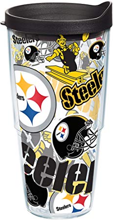 Tervis 1248053 NFL Pittsburgh Steelers All Over Tumbler with Wrap and Black Lid 24oz, Clear