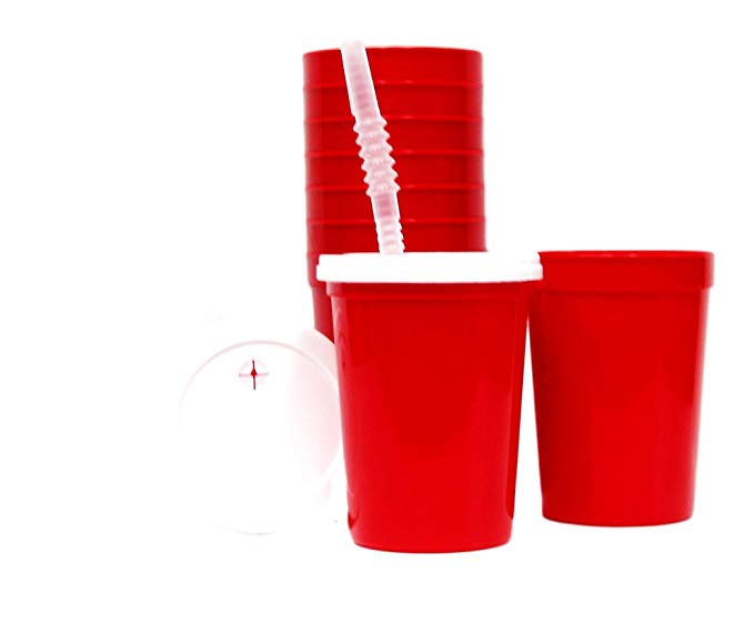 Talisman, Small Plastic Drinking Glasses, Lids and Straws, 12 Ounce, 12 Pack, Red