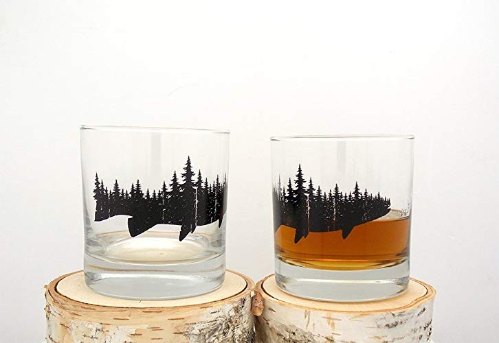 Whiskey Glasses - Fish and Forest - Set of Two 10.5oz Tumblers