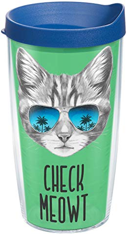 Tervis 1248426 Check Meowt Tumbler with Wrap and Blue Lid 16oz, Clear