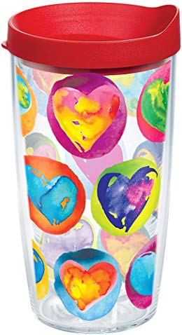 Tervis 1243813 Multicolored Hearts Tumbler with Wrap and Red Lid 16oz, Clear