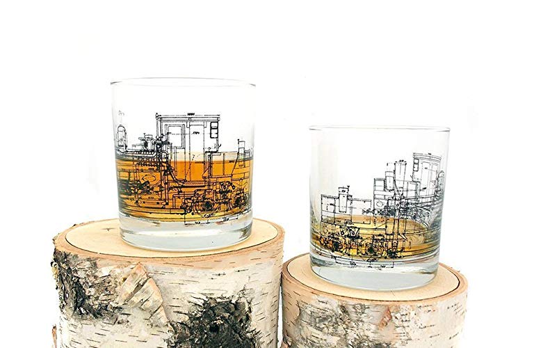 Whiskey Glasses- Locomotive Engine Blueprint - Railroad Themed Rock Glasses - Set of Two 11oz. Tumblers