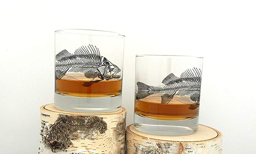 Rock Glasses - Fish Skeleton - Set of Two Screen Printed Glasses - Two 11oz. Tumbler Glasses