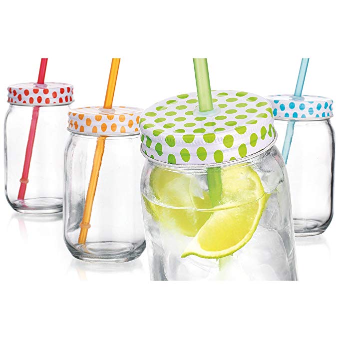 Home Essentials Polka Dot 16oz Mason Jars w/Straws, Set of 4