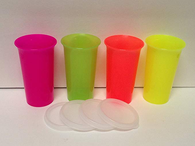 Tupperware 4-pc LARGE BELL Tumblers Set 10 1/2 Ounce Neon Electric Colors & Flat Seals