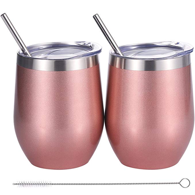 Skylety 12 oz Double-insulated Wine Tumbler, Stainless Steel Tumbler Cup with Lids and Straws for Wine, Coffee, Drinks, Champagne, Cocktails, 2 Sets (Rose Gold)