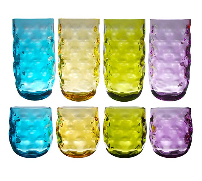 QG Clear Colorful Acrylic Plastic 14 & 23 oz. Cup Drinking Glass Tumbler Set of 8 in 4 Assorted Colors