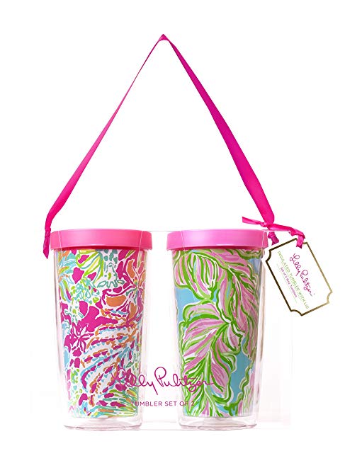 Lilly Pulitzer Insulated Tumbler with Lid Set, In the Bungalows/Spot Ya, floral pattern