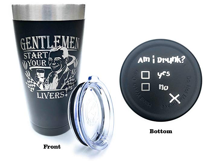 Insulated Tumbler, Gentlemen Start Your Livers, Beer Glass, Stainless Steel, Vacuum Insulated, Double Wall, Drinking Cup, With Lid (Black)