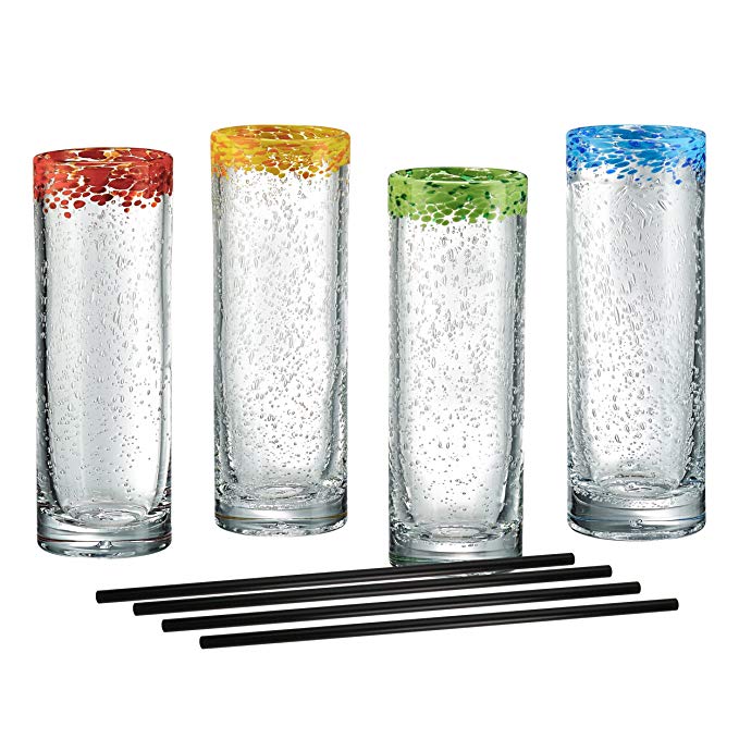 Artland Mingle Cooler Glasses with Reusable Straws, Clear, Set of 4