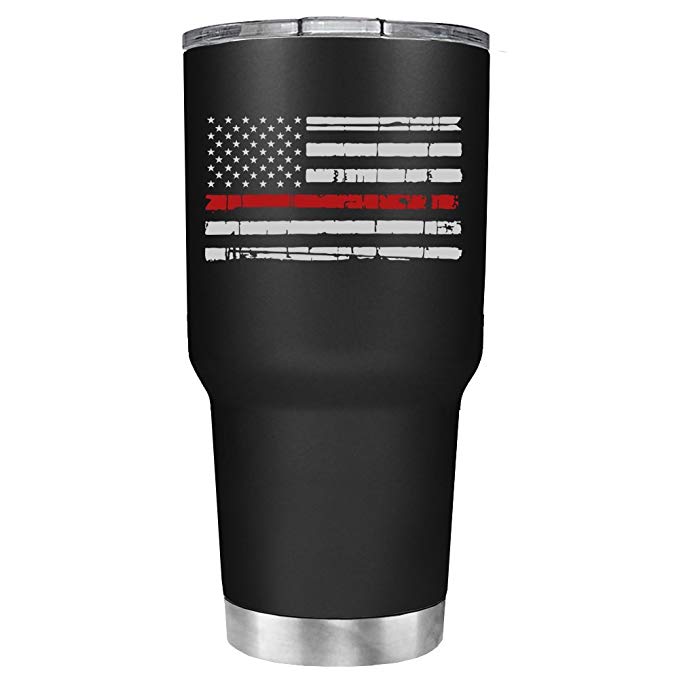 Distressed Thin Red Line FireFighters Flag on Black Matte 30 oz Stainless Steel Tumbler with Lid - Insulated Cup - Travel Mug - FireFighters Gift