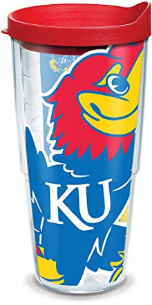 Tervis 1084788 Kansas Jayhawks Mascot Colossal Tumbler with Wrap and Red Lid 24oz, Clear