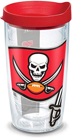 Tervis 1141262 NFL Tampa Bay Buccaneers Colossal Tumbler with Wrap and Red Lid 16oz, Clear