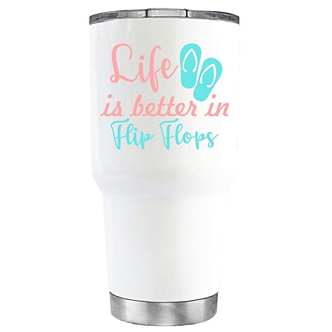 Life is better in Flip Flops Blue on White 30 oz Stainless Steel Tumbler with Lid - Insulated Cup - Travel Mug