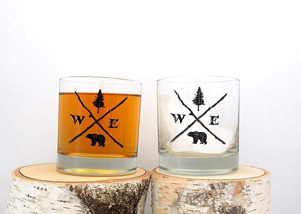 Rock Glasses - Forest Compass - Screen Printed Whiskey Glasses - Set of Two 11oz. Tumblers