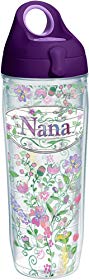 Tervis 1232163 Nana Flower Tumbler with Wrap and Purple Lid 24oz Water Bottle, Clear