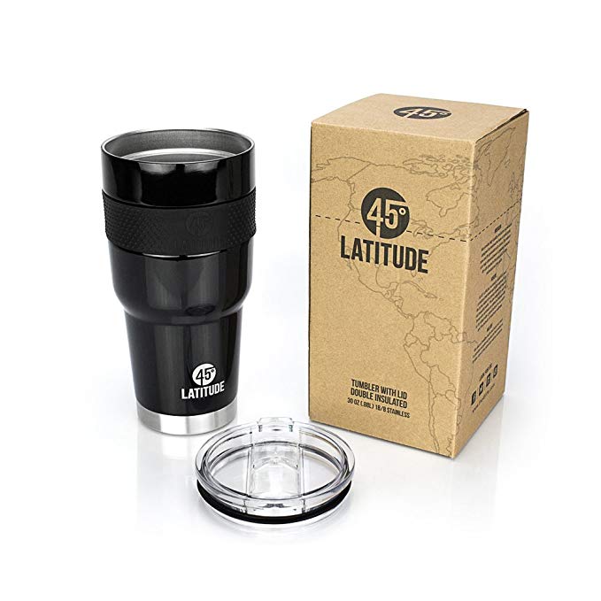 45 Degree Latitude Stainless Steel Travel Tumbler, Perfect for Camping, Bonfires, Beach Days! No BPA Stainless Steel Tumblers, Ice Cold Or Steaming Hot Beverages, Splash-Proof Lid - 30 oz Black