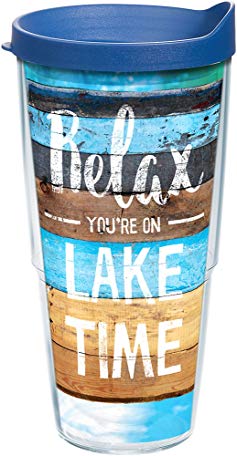 Tervis 1250219 Relax You're on Lake Time Tumbler with Wrap and Blue Lid 24oz, Clear