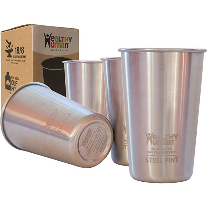 Healthy Human 4 Pack 16oz/475ml Stainless Steel Cups - Ideal Beer Pints, Iced Tea Tumblers, Wine & Water Mugs, Camping Cup - Bar Set. - Classic Style