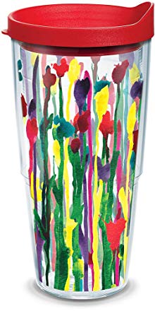 Tervis 1138402 Skinny Flowers Tumbler with Wrap and Red Lid 24oz, Clear