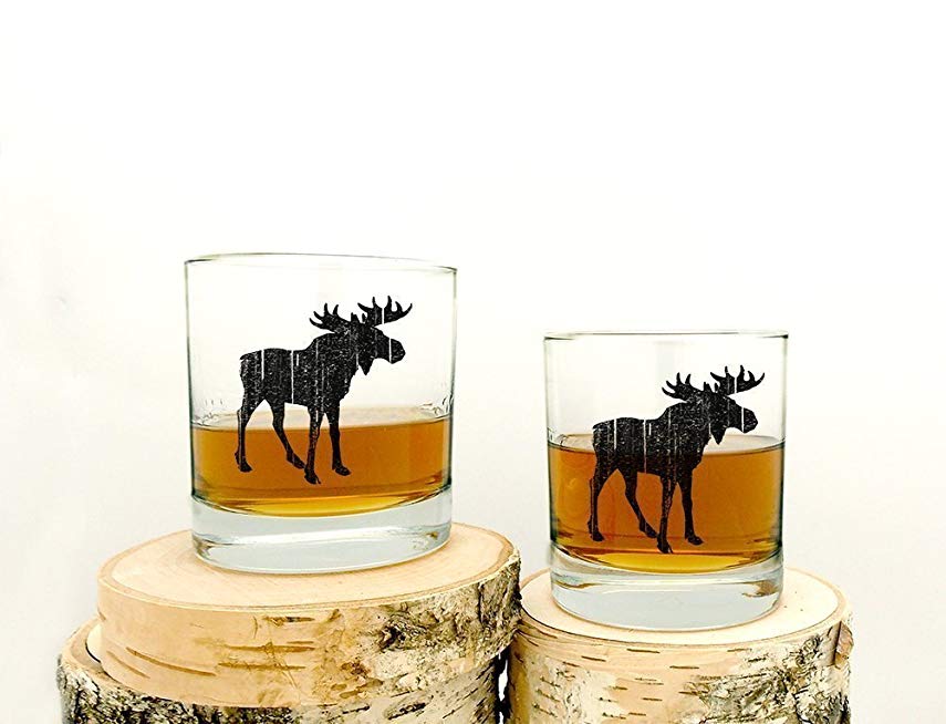 Whiskey Glasses - Rustic Moose - Set of Two 11oz. Tumblers