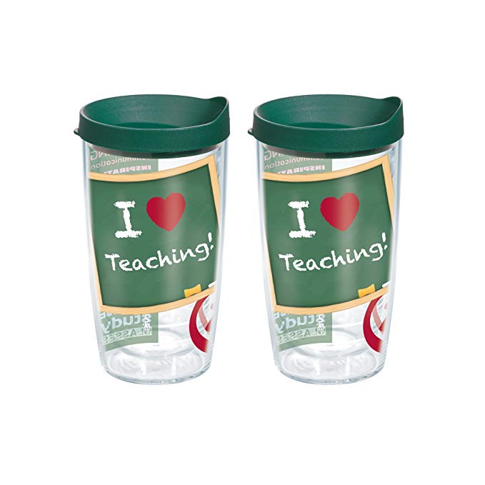 Tervis 1137254 I Love Teaching Tumbler with Wrap and Hunter Green Lid 2 Pack 16oz, Clear