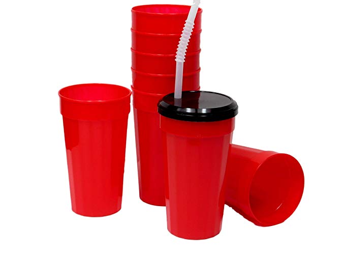 8 Talisman Large 32 Ounce Red Fluted Tumblers Black Lids & Straws.