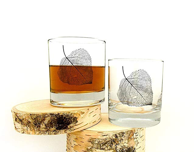 Whiskey Glasses - Aspen Leaf Skeleton - Set of Two 11oz. Tumblers