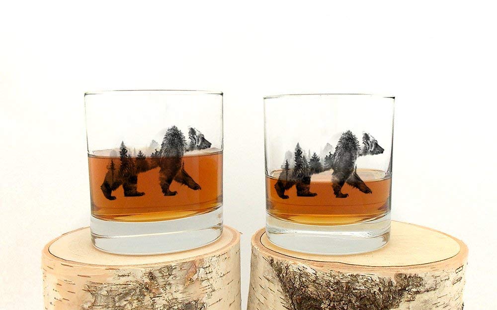 Rock Glasses - Double Exposure Bear - Screen Printed Whiskey Glasses - Set of Two 11oz. Tumblers