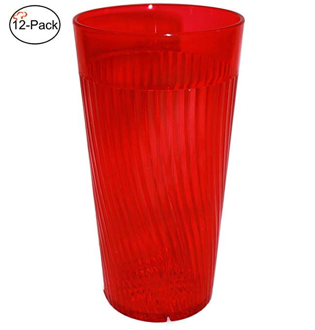 Tiger Chef 20 ounce Red Glass Like Break-Resistant Plastic Tumbler Set, Exclusive Starburst Design Stackable Restaurant Beverage Cup, (12-Pack)